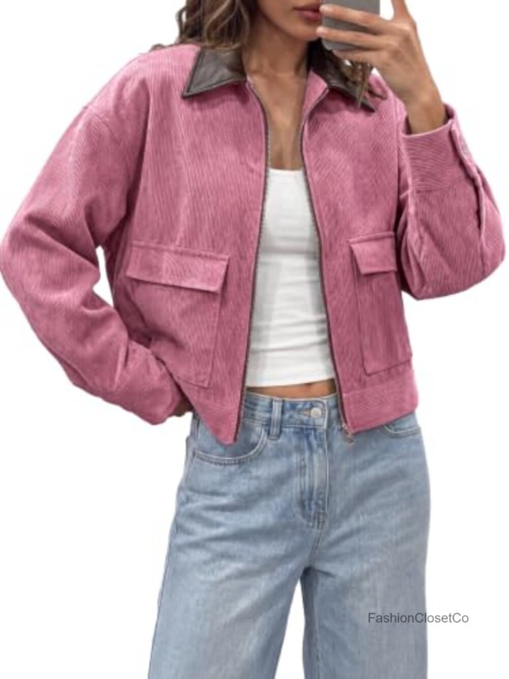 Cropped Corduroy Jacket Oversized Zip Up Barn Bomber Coat